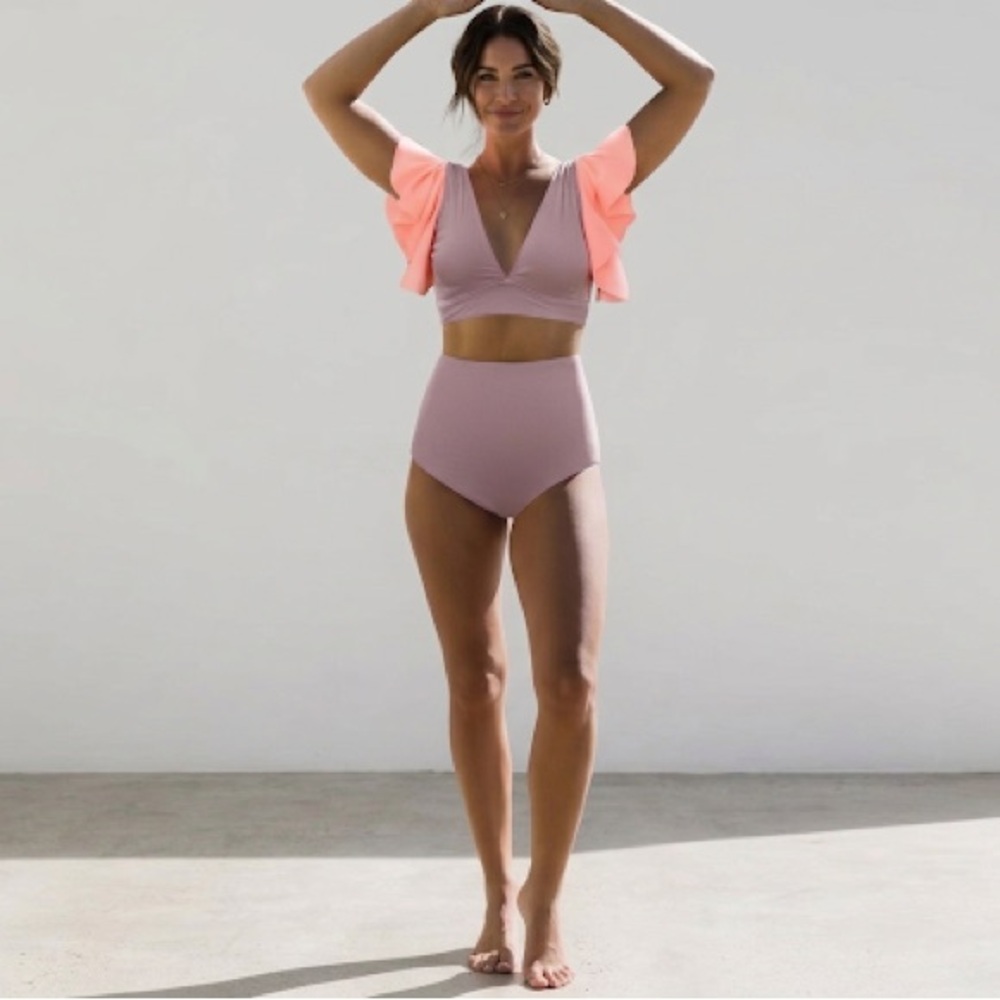 Pink High Waist Bikini Set L Ruffle‎ Sleeve Ribbed Two Piece NWT